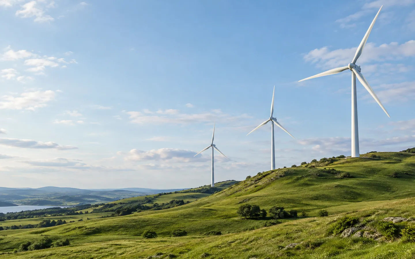 Three-bladed wind turbines on a green hillside under a wide pale sky, blades turning slowly in the breeze